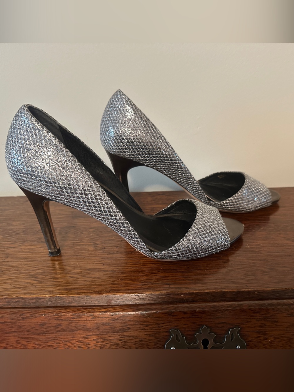 Cole Haan Silver Glitter Peep-Toe High Heels